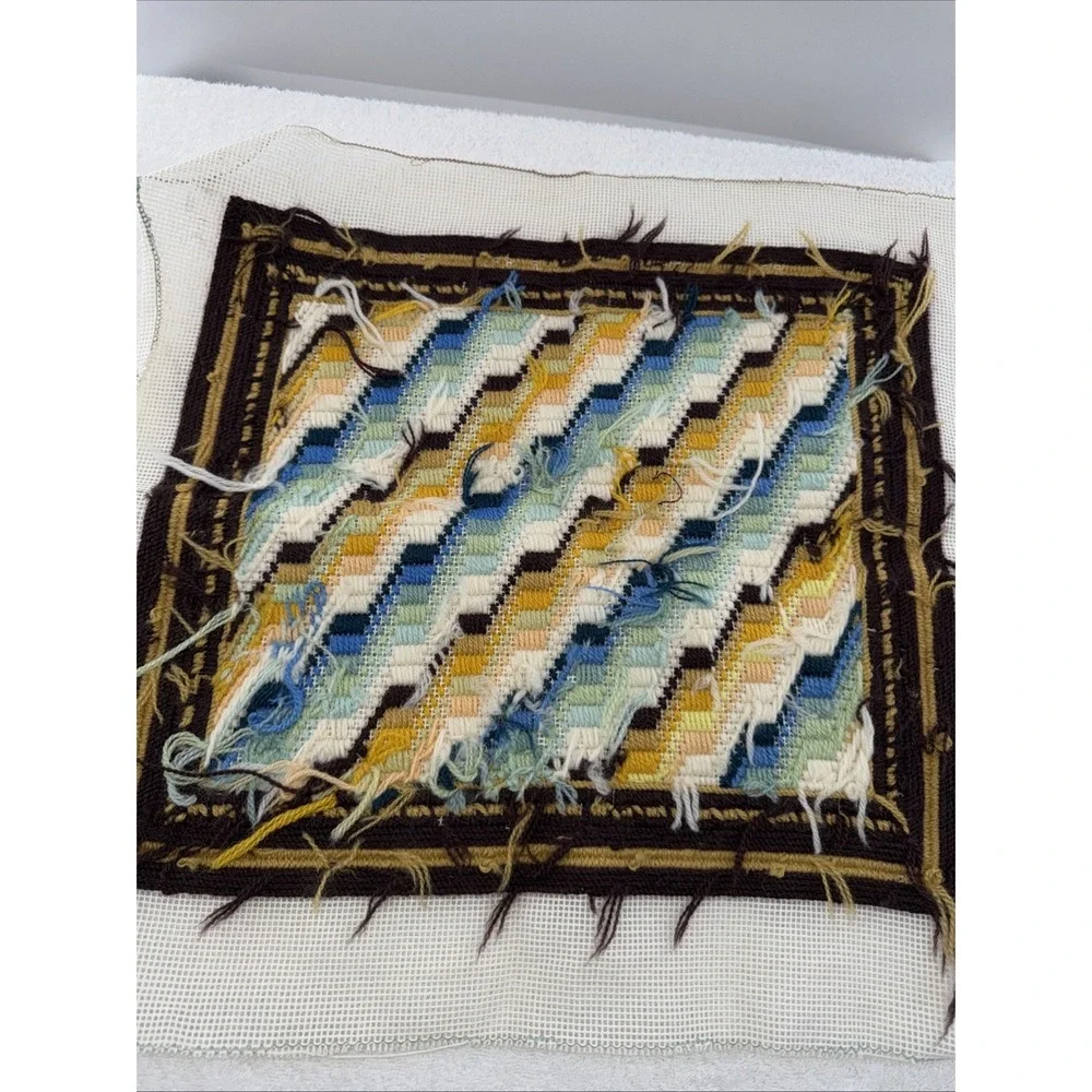 Vintage Needlepoint Unfinished Square Geometric Design Pillow or Framed Art